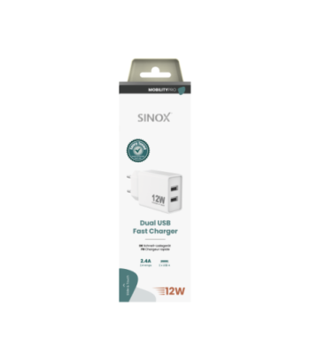 Sinox PRO 230V 2xUSB-A oplader 12W. Hvid