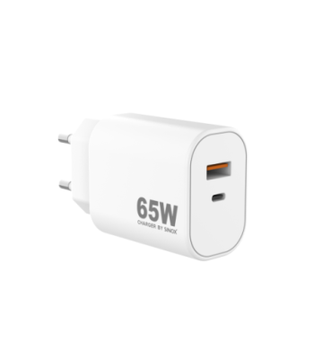 Sinox PRO 230V USB-A+USB-C PD oplader 65W. Hvid