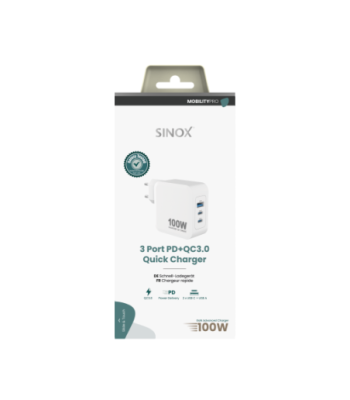 Sinox PRO 230V 2xUSB-C 1xUSB-A PD oplader 100W. Hvid