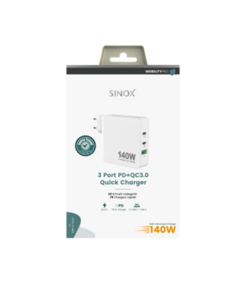 Sinox PRO 230V 2xUSB-C 1xUSB-A oplader 140W. Hvid