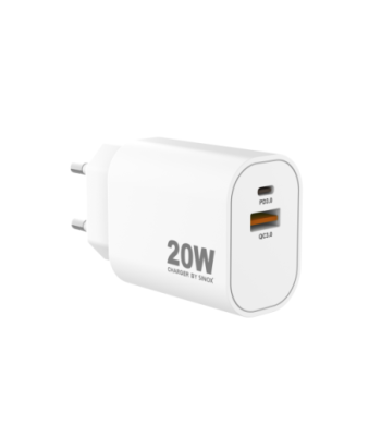 Sinox PRO 230V USB-A+USB-C oplader 20W. Hvid