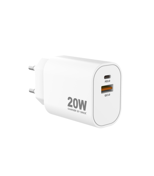 Sinox PRO 230V USB-A+USB-C oplader 20W. Hvid