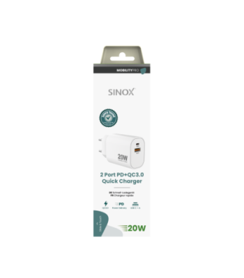 Sinox PRO 230V USB-A+USB-C oplader 20W. Hvid