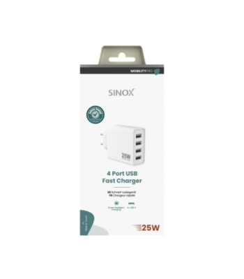Sinox PRO 230V 4xUSB-A oplader 25W. Hvid