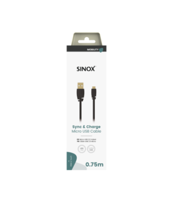 Sinox Micro USB kabel. 0,75m. Sort