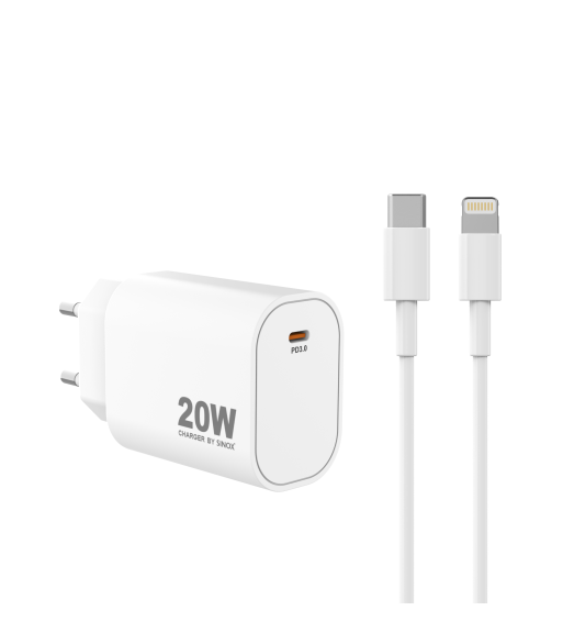 Sinox PRO 230V USB-C PD oplader 20W m/Lightning kabel. Hvid