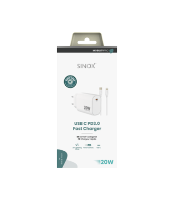 Sinox PRO 230V USB-C PD oplader 20W m/Lightning kabel. Hvid
