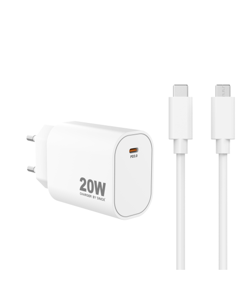 Sinox PRO 230V USB-C PD oplader 20W m/USB-C kabel. Hvid