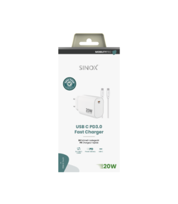 Sinox PRO 230V USB-C PD oplader 20W m/USB-C kabel. Hvid