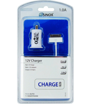Sinox iMedia 12V biloplader m/30-pin 1.0A. 1m. Hvid