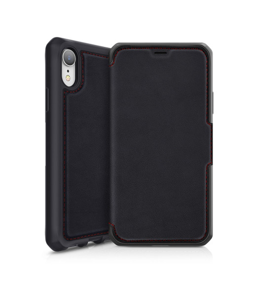 ITSKINS HYBRID FOLIO cover til iPhone XR®. Sort og rød med genanvendt læder