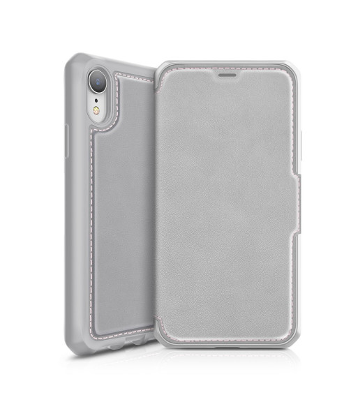 ITSKINS HYBRID FOLIO cover til iPhone XR®. Grå og lyserød med genanvendt læder